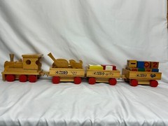 Vintage Wooden Steam Locomotive & Cars Train Set with Animals, Blocks and Shapes