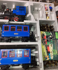 LGB G Gauge “The Blue Train” Loco, 2 Passenger Cars, 3 Figures, Track, Runs OB