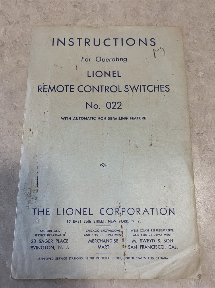 Instructions for Operating Lionel Remote Control No. 022 Switches