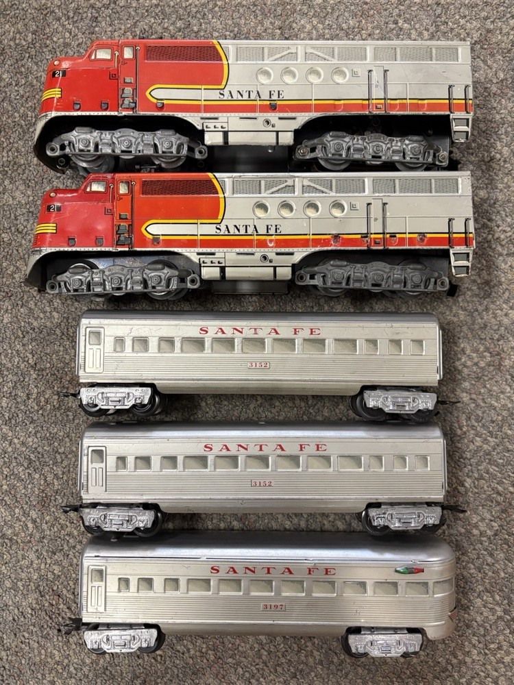 + Marx O Gauge Tin Santa Fe 21 AA Diesel Locomotive 3 Car Passenger Set