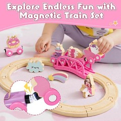 Lehoo Castle Pink Unicorn Wooden Train Set for Girls with Storage Bag