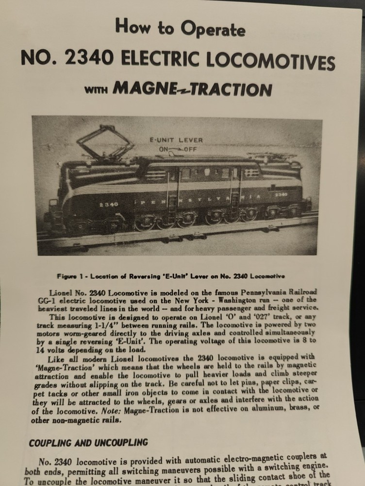 Lionel 2340 Gg1 Electric Locomotive Paper Instructions Dated 4/55