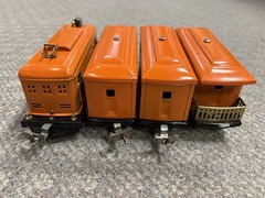 + Lionel Prewar O Tinplate 248 Orange Electric Locomotive 3 Car Passenger Set