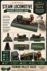 Vintage Rocket Express 1845 Steam Locomotive Train Display Model on Track Base
