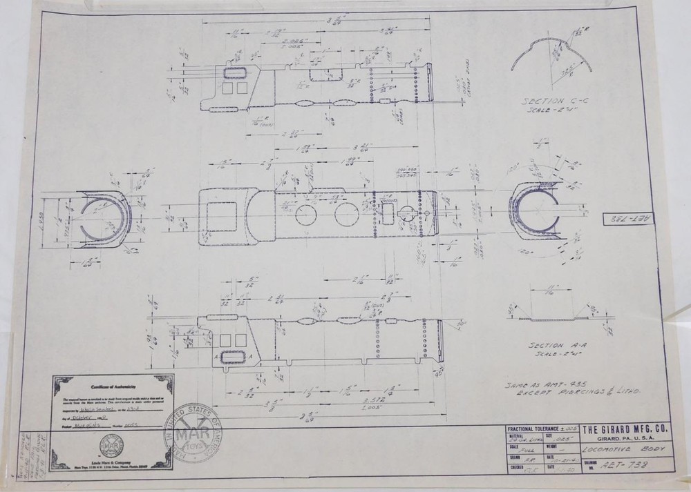 Officl Marx AET738 Locomotive Body 10/21/1940 Blueprint Embossed 21.75 x 16 7/8″