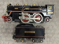+ Lionel Prewar Standard Tinplate Black w/ Orange 390E Steam Locomotive & Tender