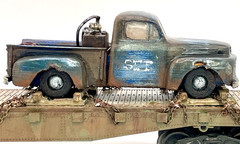 O gauge Custom Designed, Painted, & Weathered, Flat car load Truck & Tractor