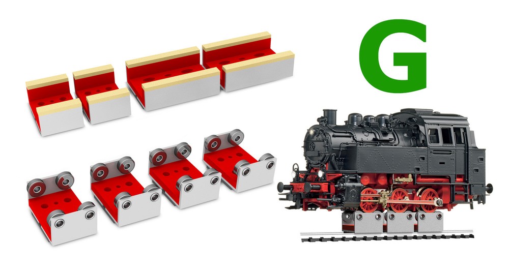 4 X G SCALE ROLLERS W/WHEEL CLEANING ACCESSORIES FOR MODEL TRAIN