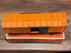 Lionel O gauge No. 6419 Wrecking Car, 6656 Stock Car, 3464 S. F. Box Car w/Boxes