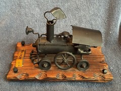 Handcrafted Metal 1864 Train Engine Model, Mounted On Wood. Made In Spain