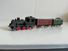 Small Vintage Train Engine, Brown Freight Van, Green Brake van – Western Germany