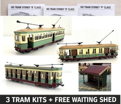 HO TRAM MODEL KIT BUNDLE – 3x Sydney Trams + FREE Waiting Shed – 1:87