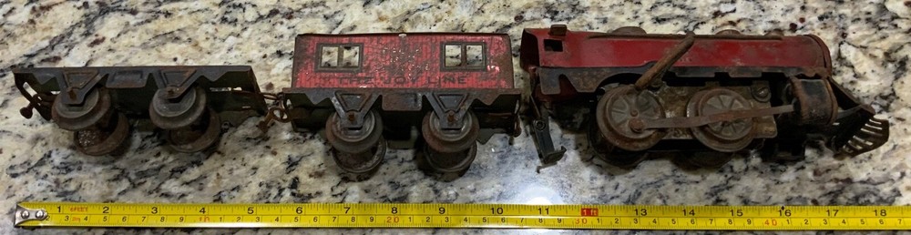 Marx O Gauge Joy Line Red Wind Up Locomotive Boxcar & Eagle Eye Caboose Pre War