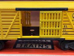 Lionel O gauge No. 6419 Wrecking Car, 6656 Stock Car, 3464 S. F. Box Car w/Boxes