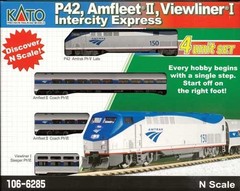 KATO 106-6285 N SCALE AMTRAK P42, VIEWLINER,AMFLEET, 4 PC INTERCITY EXPRESS SET