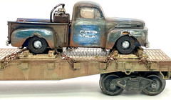 O gauge Custom Designed, Painted, & Weathered, Flat car load Truck & Tractor