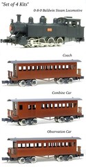 N Scale Aru-Model 0-8-0 Baldwin Steam Locomotive/3-Passenger Cars Set of 4 Kits
