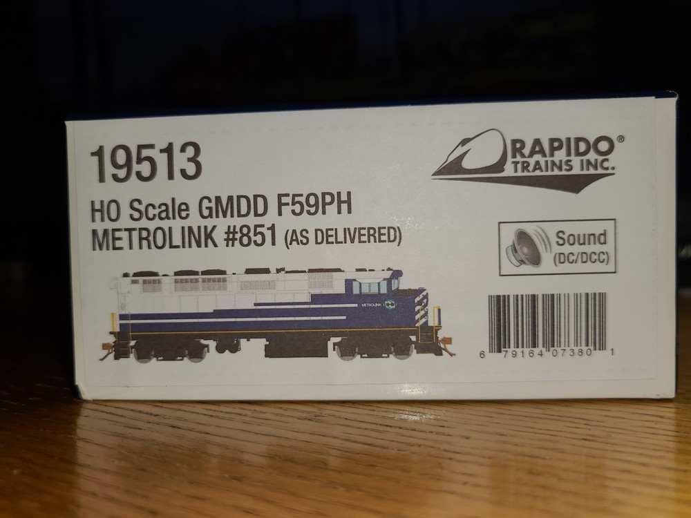 Rapido Trains HO 19513. GMDD F59PH Metrolink #851 DCC/Sound. MIB!
