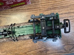 LGB 4066 LOG CAR WITH LOGS, STAKES, CHAINS , SPRING TIE DOWNS G SCALE PRE OWNED