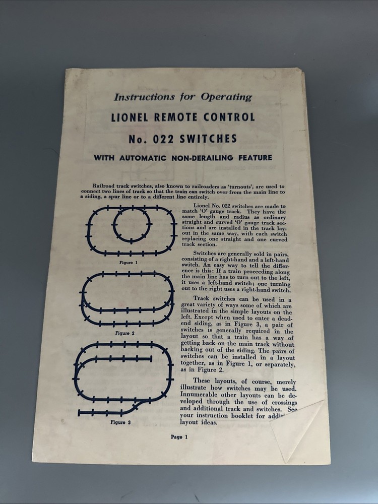Instructions for Operating Lionel Remote Control No. 022 Switches original – a