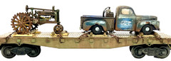 O gauge Custom Designed, Painted, & Weathered, Flat car load Truck & Tractor