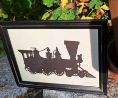 Signed 5 x 7 Vintage Cut Paper Silhouette Railroad Locomotive Train Steam Engine