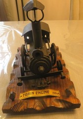 Handcrafted Metal 1864 Train Engine Model, mounted on wood. Made in Spain