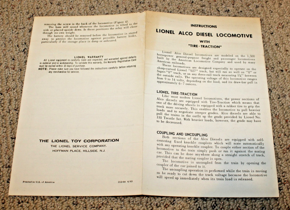 Lionel Postwar #212 Alco Locomotive Instruction Sheet #212-64 4/65
