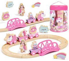 Lehoo Castle Wooden Train Set for Girls, Unicorn Small, Pink