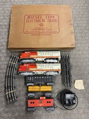 + Marx O Gauge Tin Santa Fe 21 AA Diesel Locomotive 3 Car Freight Set w/ Box