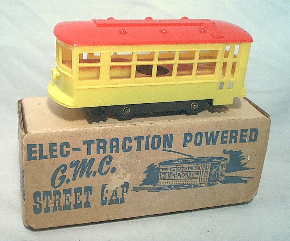 1950s G.M.C. ELEC-TRACTION POWERED O GAUGE RED & YELLOW STREET CAR TROLLEY IN OB
