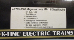 K-Line 2299 Magma Arizona #9 Dual Motor Pwr’d MP-15 Diesel O/027 ga. wks/ Lionel
