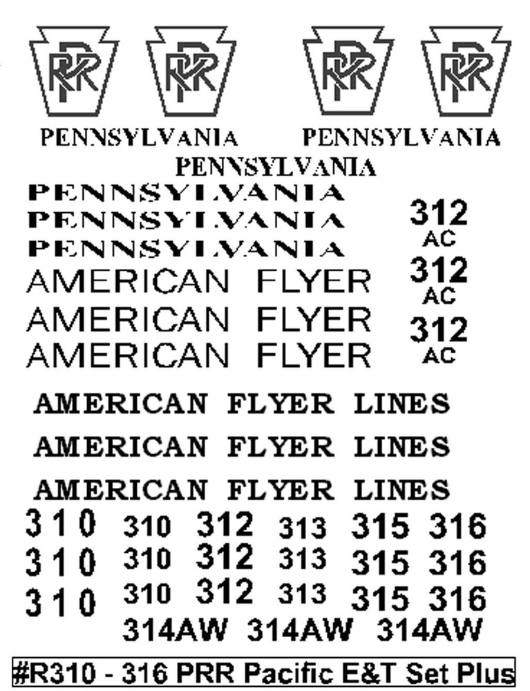 AMERICAN FLYER #310 – 316 PRR PACIFIC E&T “WHITE” Decal Set Plus