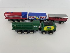 Geoffrey Inc Wooden Train Set 5-Piece Locomotive Cars Magnetic Connectors Toy