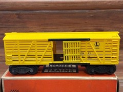 Lionel O gauge No. 6419 Wrecking Car, 6656 Stock Car, 3464 S. F. Box Car w/Boxes