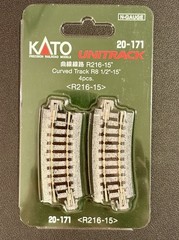 N Scale KATO 20-171 UniTrack 216mm (8 9/16″) Radius 15º Curve Track 4pcs NIB