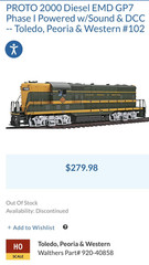 Proto 2000 Ltd. Edition GP7 Ph1, TP&W #102, 920-40858 Factory DCC & Sound, Read