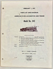 Original 1957 American Flyer No. 343 Locomotive Parts List & Diagram No. 1825 !